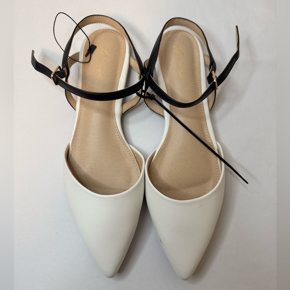 White Pointed Flats w/ Ankle Strap - Size 9.5